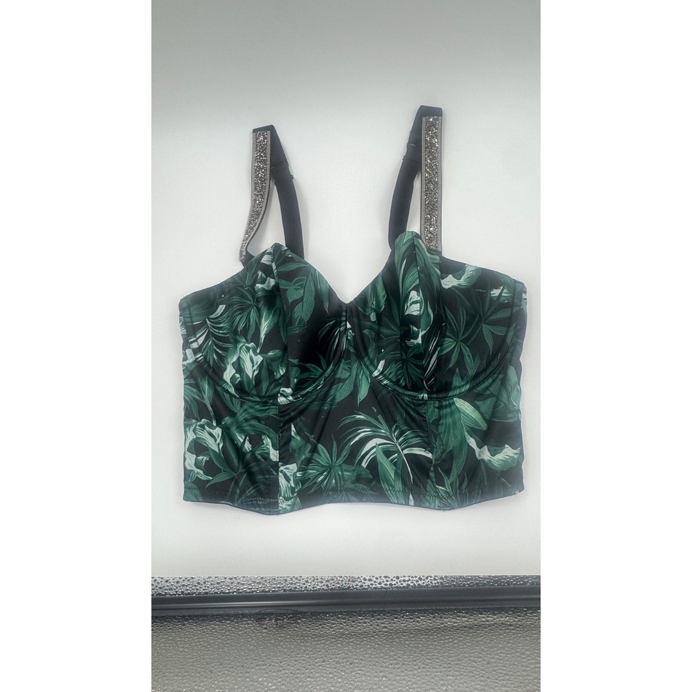 Victoria's Secret Tropical Palm Print Rhinestone Strap Bustier Top Green 36DD